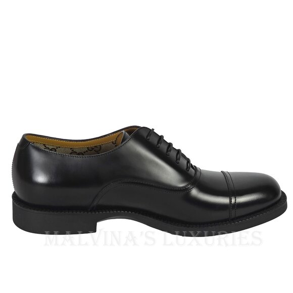 GUCCI SHOES MENS BLACK LEATHER TEMPE CAP OXFORD GG LOGO LINING sz 8 US 8.5 main image 7